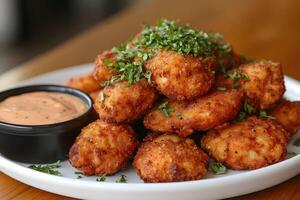Crispy Chicken Nuggets with Spicy Dip Garnished with Fresh Herbs on a Plate photo