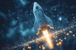 Futuristic Technology Concept with a Rocket Launching from Digital Network for Innovation and Exploration photo
