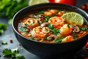 Flavorful Thai Tom Yum Soup with Shrimp and Mushrooms for Authentic Culinary Experience photo