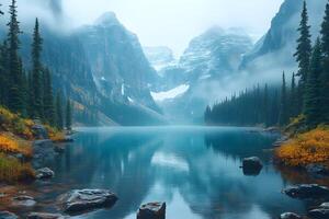 Tranquil Mountain Lake Landscape with Foggy Peaks in Autumn photo