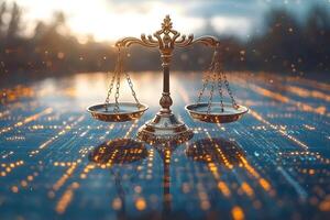 Digital Justice Conceptual Image of Scales of Justice on a Digital Grid Reflecting Technology and Law photo