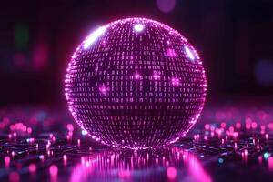Futuristic Digital Sphere with Binary Code in Neon Pink Cyber Environment photo