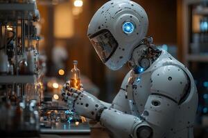 Futuristic Robot Analyzing Liquid in Laboratory Setting for Advanced Research photo