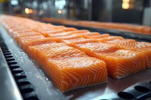 Fresh Salmon Filets on Production Line Seafood Processing and Quality Control photo