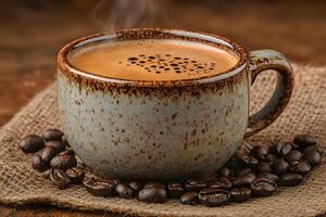 Rustic Coffee Mug with Freshly Brewed Espresso and Coffee Beans on Burlap photo