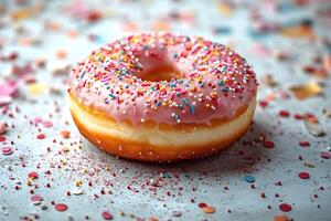 Delicious Pink Frosted Donut with Sprinkles on Colorful Confetti Background photo