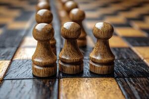 Strategic Chess Pawn Lineup on Wooden Chessboard for Game Planning and Strategy Concepts photo