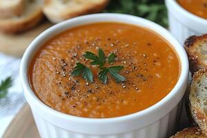 Hearty Tomato Soup with Fresh Herb Garnish and Rustic Bread Slices photo