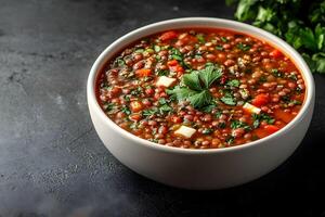 Hearty Lentil Vegetable Soup in White Bowl with Fresh Parsley on Rustic Dark Surface photo