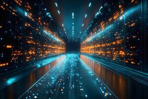 Futuristic Digital Tunnel with Neon Lights for Technology Concepts and Design photo