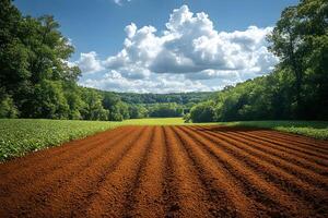 Tranquil Rural Landscape with Plowed Field and Lush Greenery Under Blue Sky photo