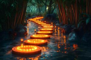 Enchanting Zen Garden Pathway with Illuminated Floating Lanterns at Dusk photo