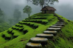 Tranquil Terraced Landscape with Rustic Hut and Stone Path in Misty Morning photo