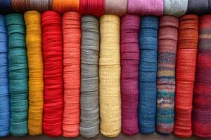 Colorful Rolled Fabrics in a Row for Textile Design Inspiration and Home Craft Projects photo
