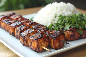 Grilled Chicken Skewers with Rice and Fresh Cilantro Garnish - Perfect for Summer BBQs photo