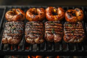 Grilled Steak and Bell Peppers on Barbecue for Summer Cookout or Outdoor Gathering photo