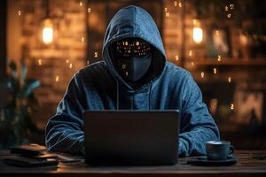 Anonymous Hacker in Hooded Sweatshirt Working on Laptop in Dark Room photo