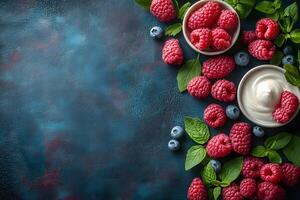 Fresh Raspberry and Blueberry Arrangement with Cream on Textured Background photo