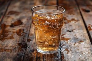 Refreshing Glass of Sparkling Beverage on Rustic Wooden Table for Drink Concept Design photo