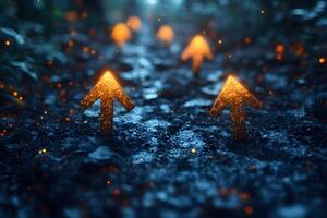 Glowing Arrow Pathway in Mystical Forest Setting for Inspiration and Guidance Themes photo