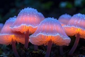 Enchanting Glow of Bioluminescent Mushrooms in a Mystical Forest Setting photo