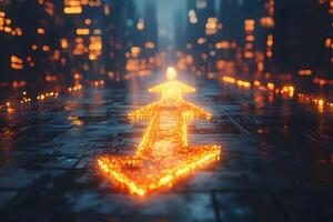 Illuminated Arrow on Wet Street with Bokeh Lights for Urban Direction and Guidance photo