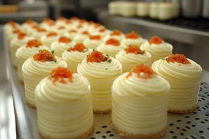 Elegant Array of Gourmet Pastries in a Professional Kitchen Setting for Culinary Enthusiasts photo