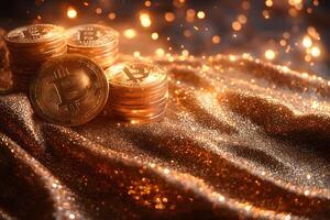 Stacks of Bitcoin on Sparkling Fabric Highlighting Cryptocurrency Wealth and Luxury photo