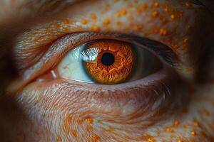 Macro Shot of a Human Eye with Unique Orange Textured Iris for Science and Art Design photo