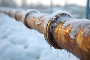 Frozen Industrial Pipeline During Winter Season Highlighting Rust and Snow Accumulation photo