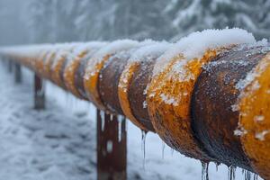 Winter Landscape with Icy Pipeline in Snowy Forest Setting photo