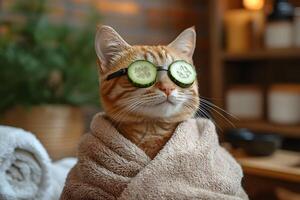 Relaxed Cat Enjoying Spa Day with Cucumber Eye Treatment for Wellness Concepts photo