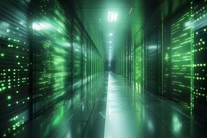 Futuristic Green Data Center Hallway with Illuminated Servers for Technology and Networking Concepts photo