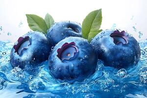 Fresh Blueberries with Water Splash and Green Leaves for Nature-Themed Design photo