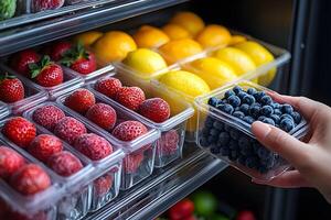 Fresh Berries and Lemons Display in Grocery Store Produce Section photo