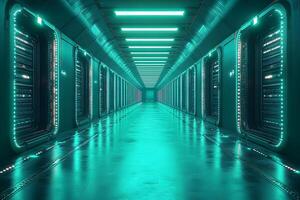 Futuristic Data Center Corridor with LED Lighting for Tech Industry Concepts photo