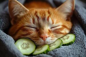 Tranquil Cat Relaxation with Cucumber Spa Treatment for Stress Relief and Wellness photo