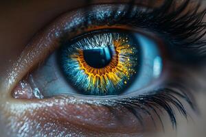 Close-Up of a Vivid Eyeball with Detailed Iris Patterns in Bright Colors for Science and Art Concepts photo