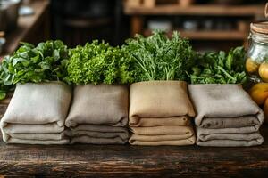 Fresh Organic Greens on Rustic Wooden Table for Culinary Art and Healthy Living photo