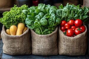 Fresh Harvest Vegetables in Burlap Sacks - Organic Market Display for Farm-to-Table Concepts photo
