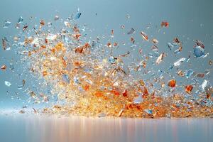Exploding Glass Shards with Vibrant Orange and Blue Reflections for Dynamic Design photo