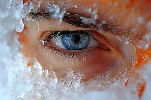 Close-Up of Blue Eye Amidst Ice and Snow Winter Concept for Seasonal Design photo