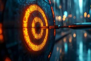Precision and Focus Concept Dart Hitting Bullseye on Illuminated Target photo