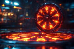 Neon Futuristic Dartboard in a Rainy Urban Setting for Digital Art Concepts photo