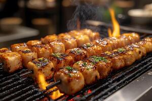 Grilled Scallop Skewers with Herbs on a Flaming Barbecue Grill for Culinary Projects photo