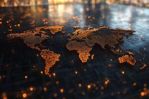 Digital World Map with Glowing Points for Global Technology Concepts and Network Design photo