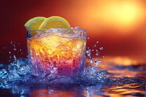 Refreshing Summer Citrus Cocktail Splashing at Sunset for Beverage Design photo