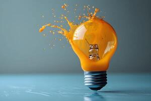 Creative Concept of a Lightbulb Filled with Orange Paint Splashing Around It for Innovative Ideas photo