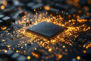 Futuristic Circuit Board with Glowing Microchip for Advanced Technology Concepts photo