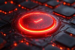 Futuristic Glowing Red Checkmark Button on Dark Tech Keyboard for Digital Interfaces photo